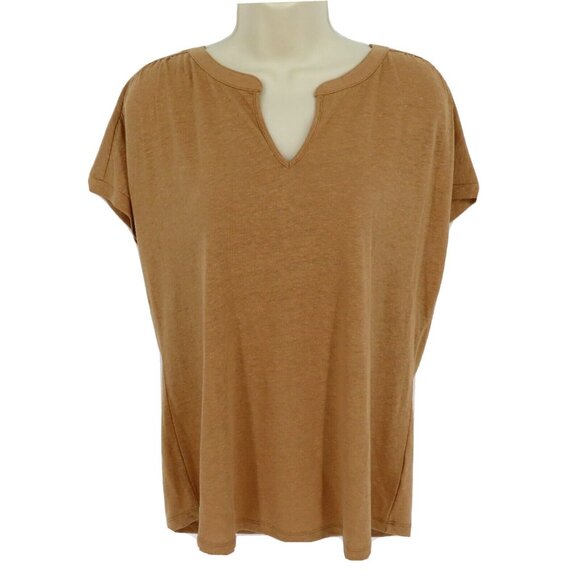 Talbots Womens Medium Linen Blend Y Neck Heathered Tan Brown Shirt Top NEW - Picture 10 of 10